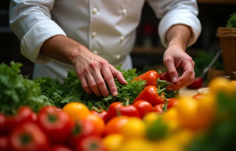 Chef selecting fresh vegetables in a market.