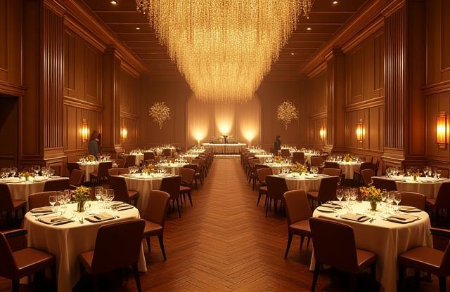 Main dining area set for a large event.