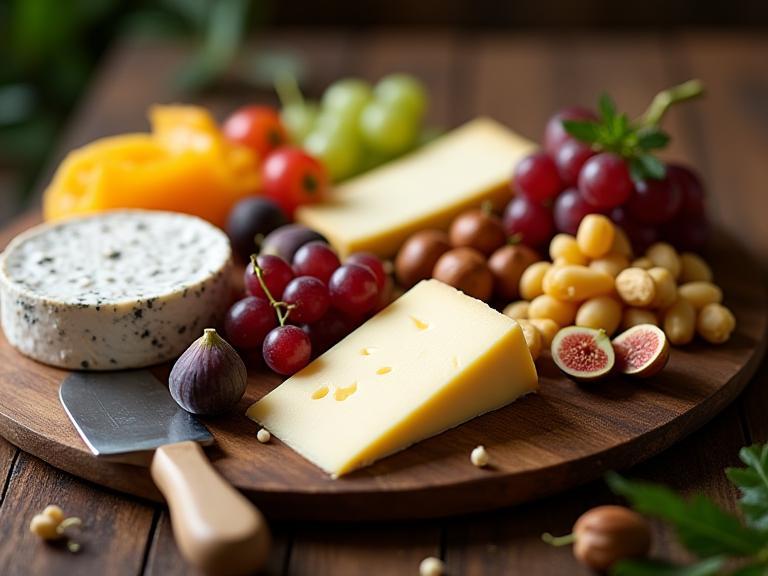 A beautiful Italian cheese board with fruits and nuts.