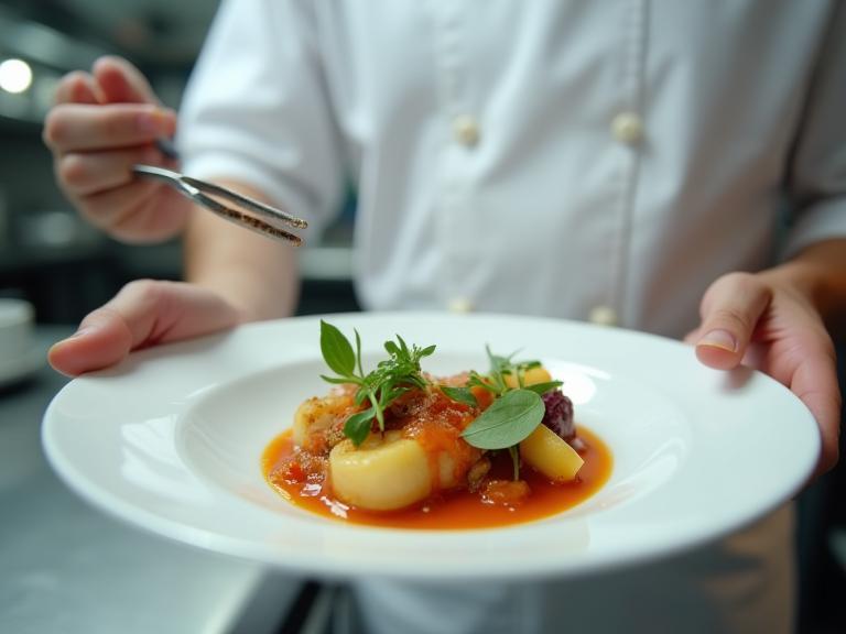 Close-up of a chef plating a dish.