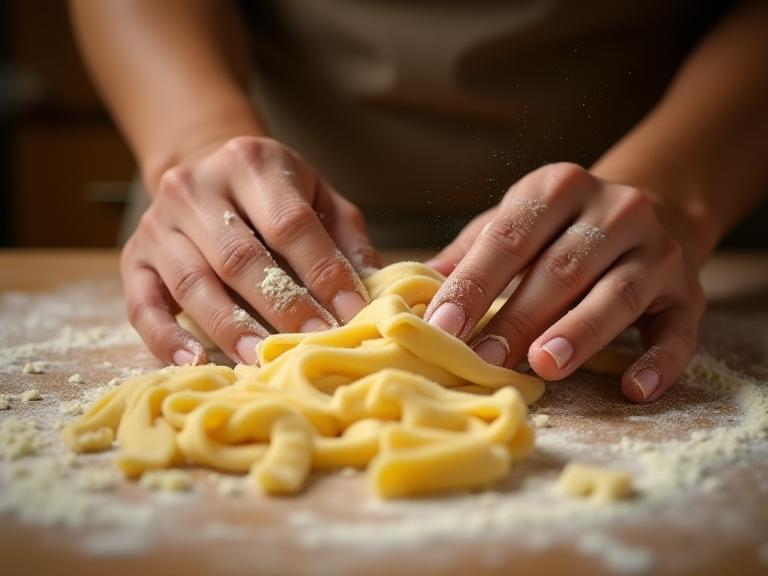 Hands making fresh pasta.