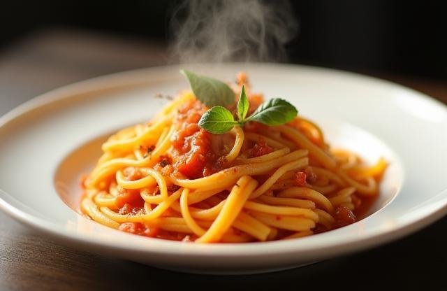 Photo of a beautifully presented pasta dish.