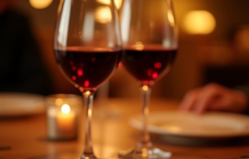 Two glasses of red wine on a dining table.